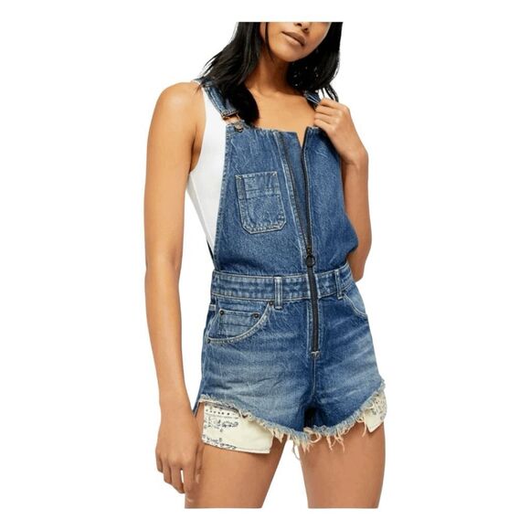 Free People We The Free Sunkissed Short Overalls Blue Denim Jean Shorts 26 - Picture 1 of 8